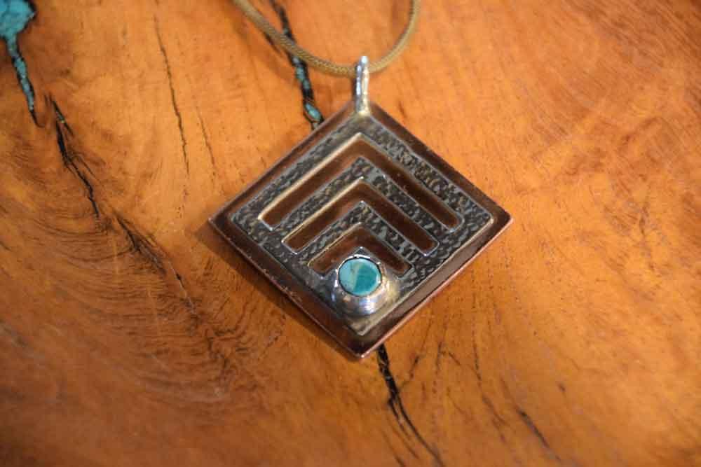 Sterling Silver and Copper Diamond Shaped Pendant with Turquoise